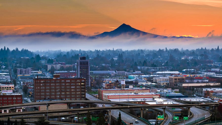 View of the cityscape of Central Eastside with Mount Hood during sunset