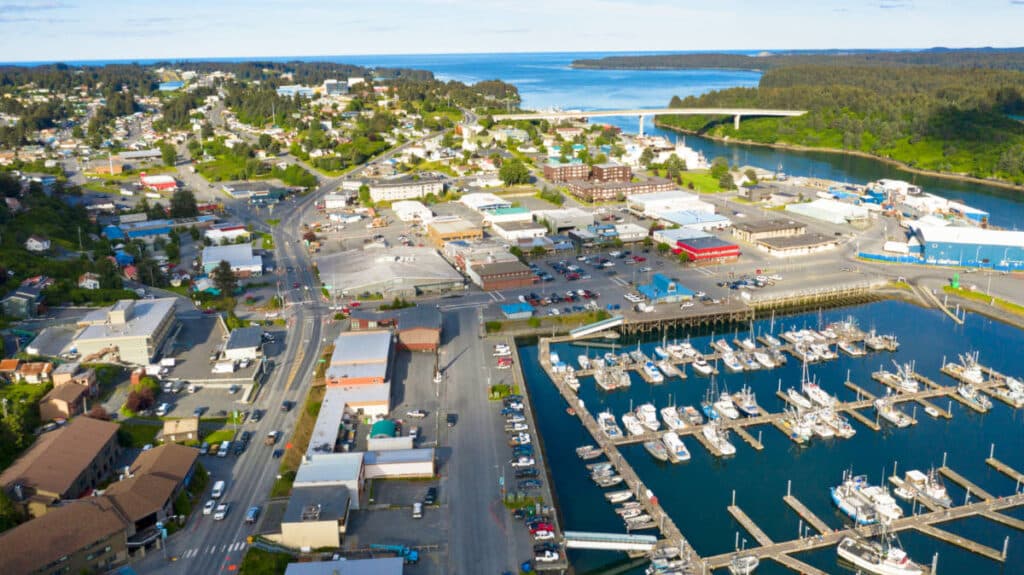 Aerial view of downtown Kodiak and the docked boats at the harbor