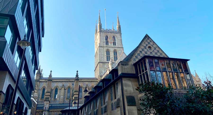 The clear blue sky over central London