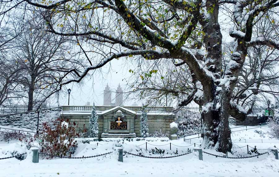 Reservoir in Central Park covered with snow during winter season in NYC