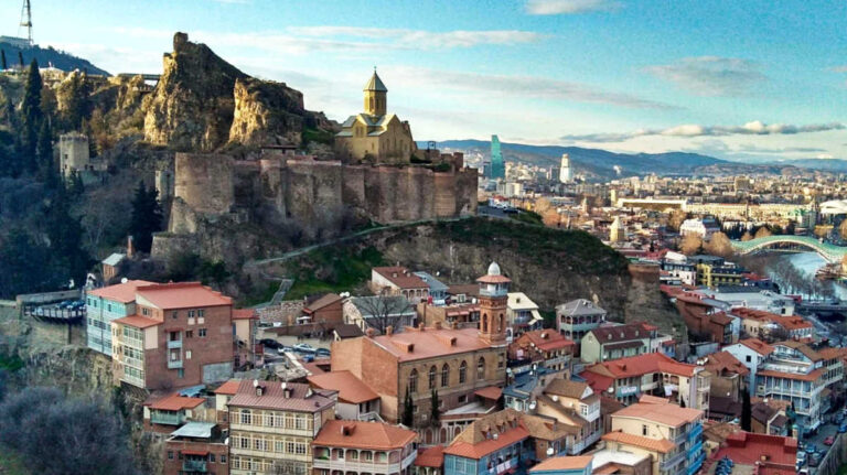 Aerial view of the modern and historical buildings in central Tbilisi