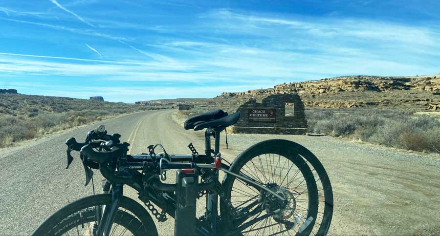 The author's view of the entrance to Chaco Canyon National Historical Park from her motorhome