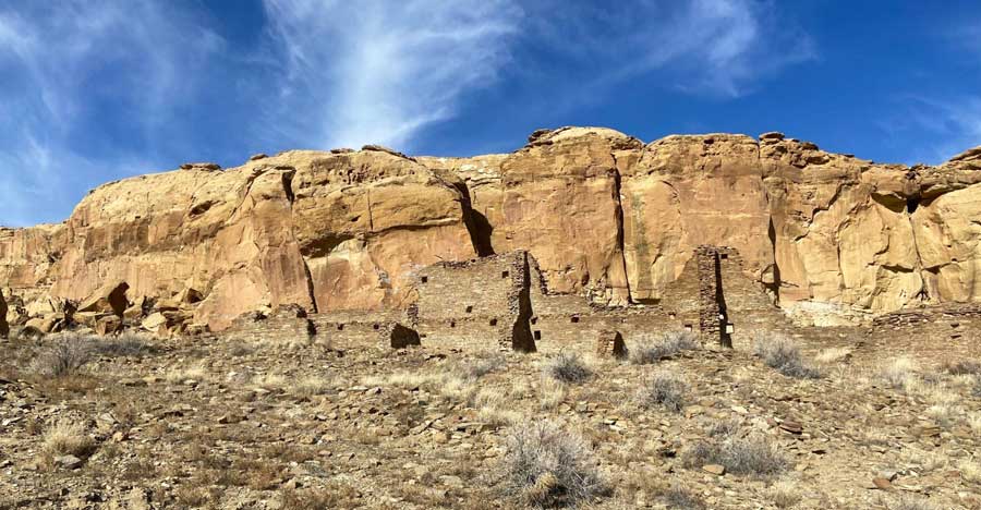 The Chaco Culture National Historical Park under the clear blue sky