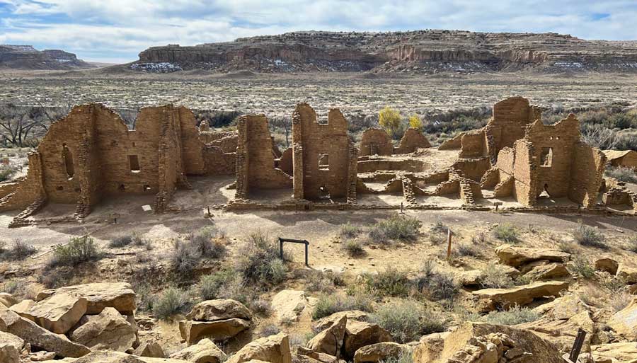 Overlooking view of the ruins at the Chaco Culture National Historical Park site