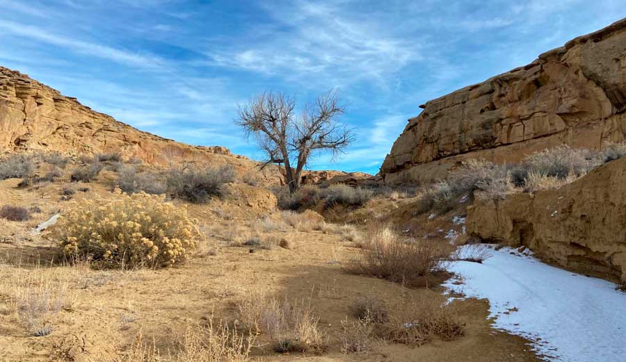 View from the Chaco Wash under the clear blue sky