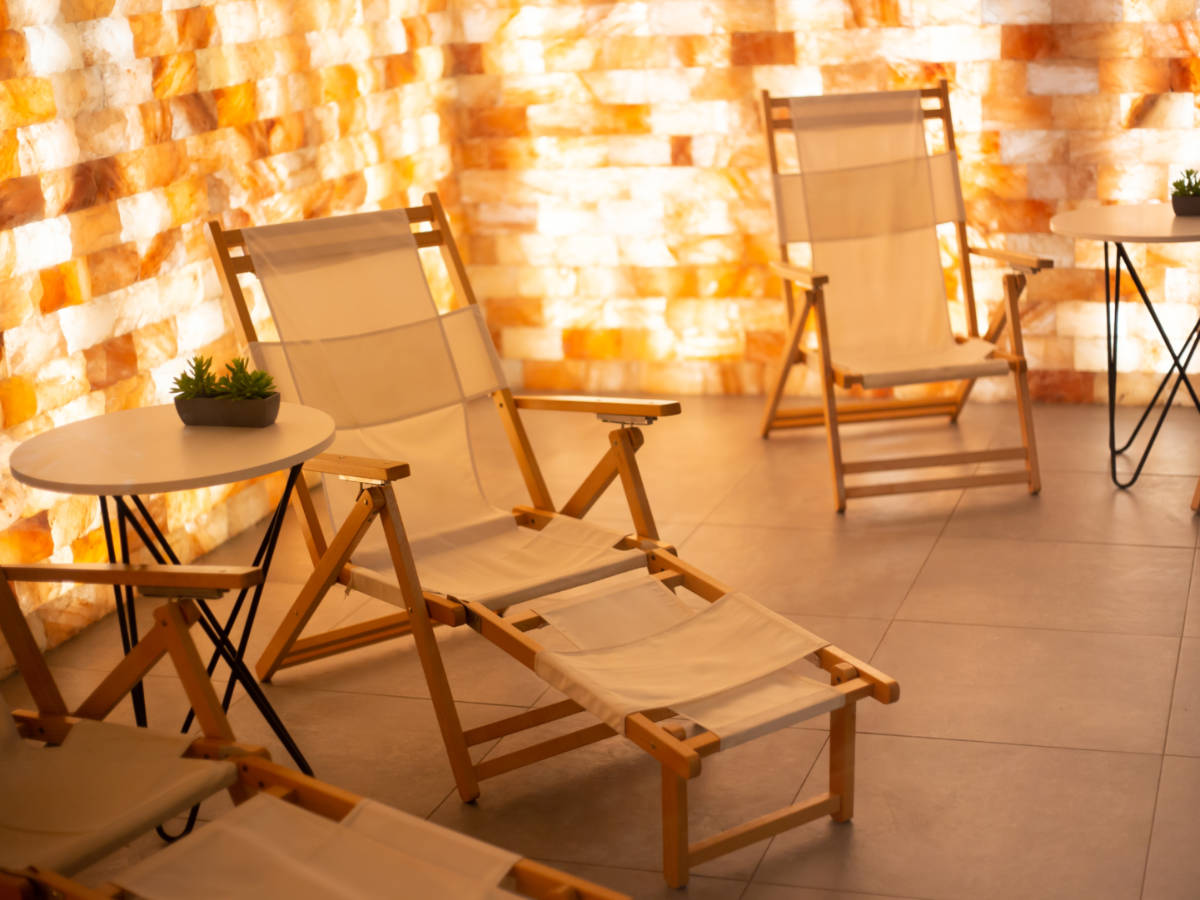 View of the armchairs inside the salt room of a spa