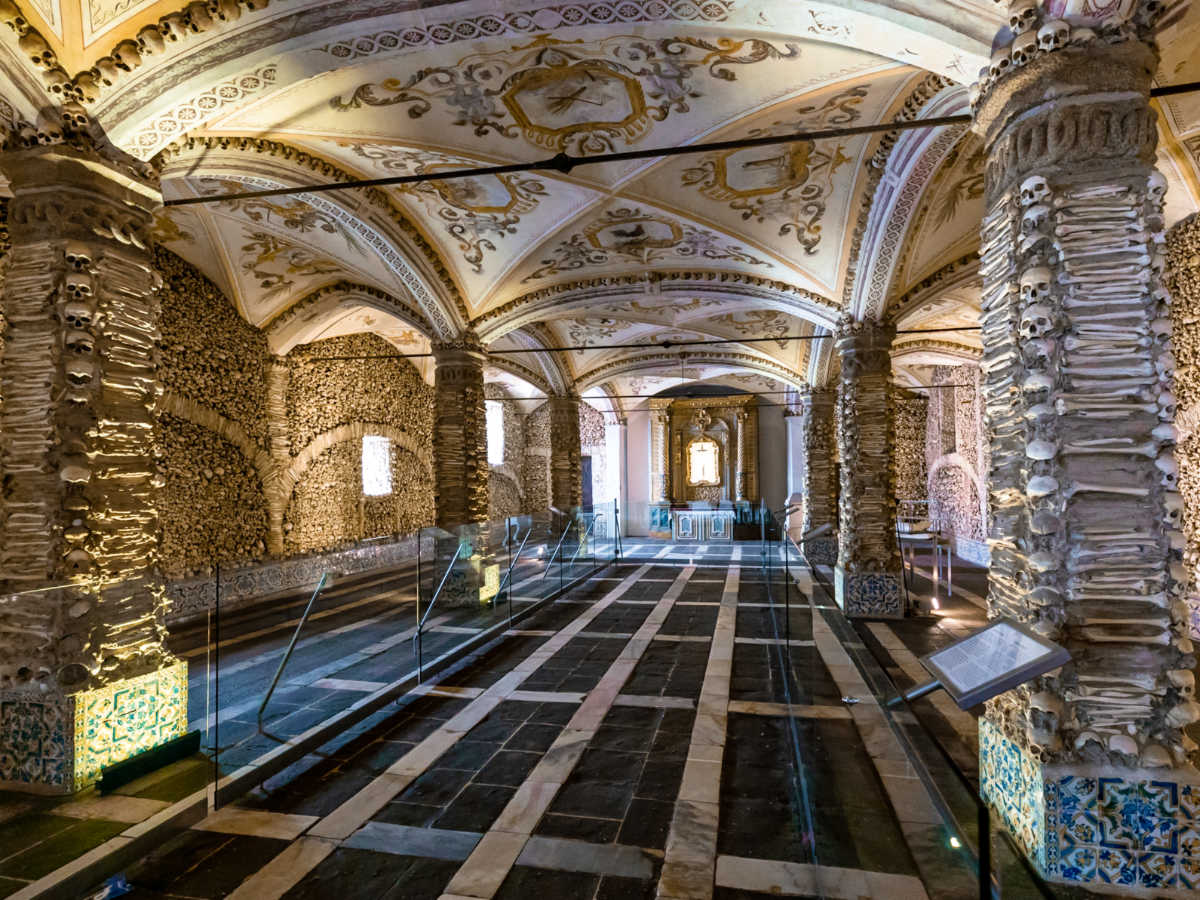 View of the skulls and bones built into the Chapel of the Bones