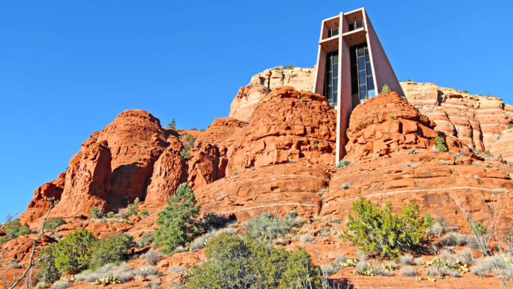 View of The Chapel of the Holy Cross at the top of red rocks in Sedona