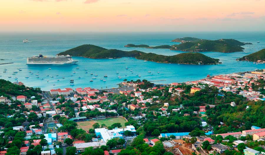 View of the colorful sky during sunset over Charlotte Amalie Harbor