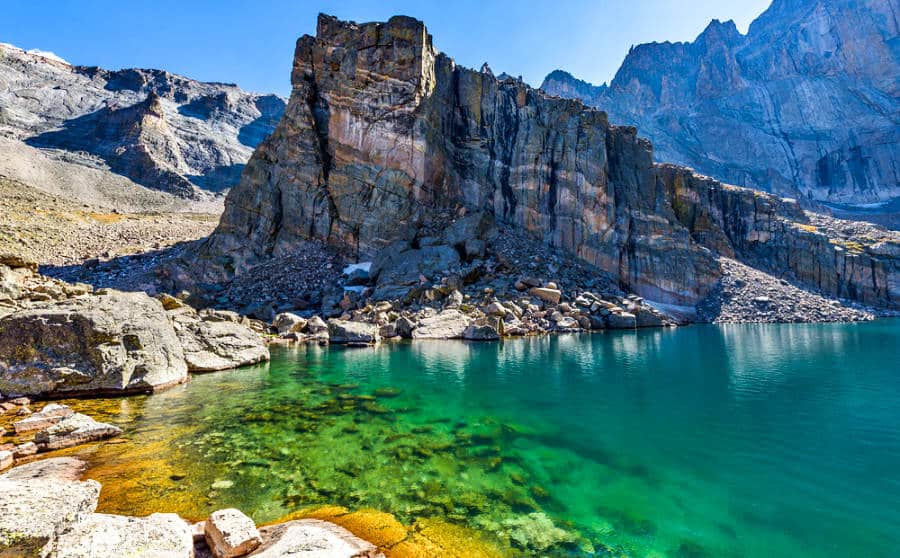 Scenic view of the Chasm Lake at the base of Longs Peak
