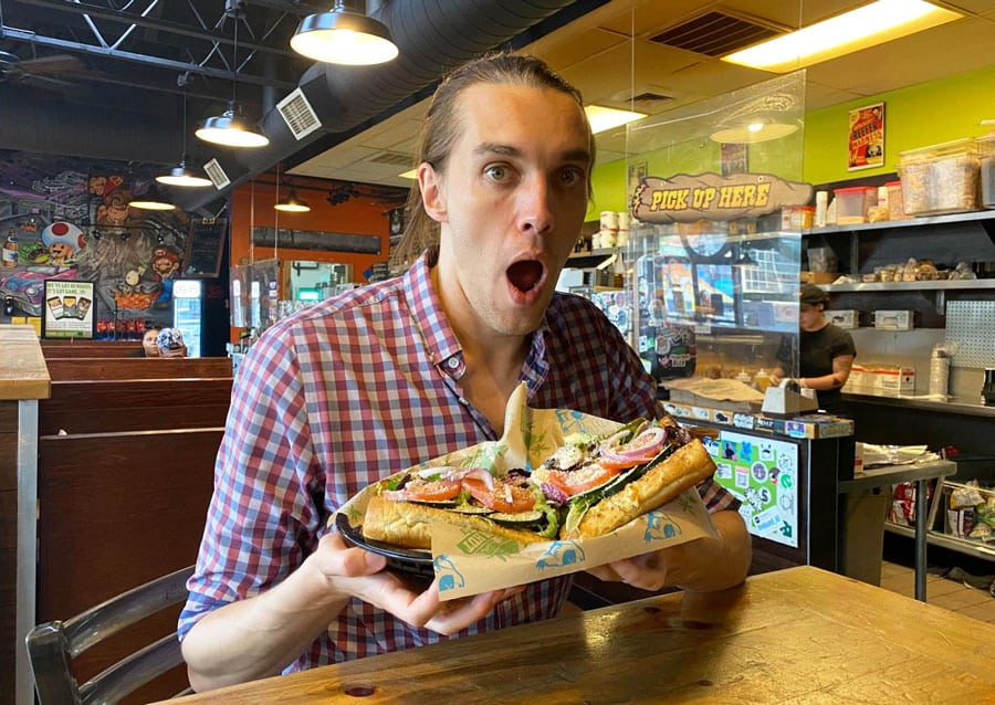 Travel Lemming founder, Nate ready to eat the Cheba Hut's famous subs
