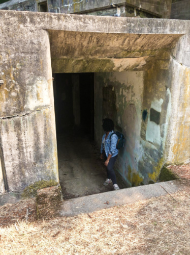 The author looking inside the bunkers