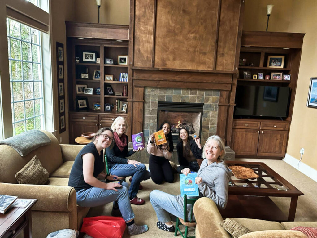 The author Chelsea and her in-laws enjoying and learning crochet