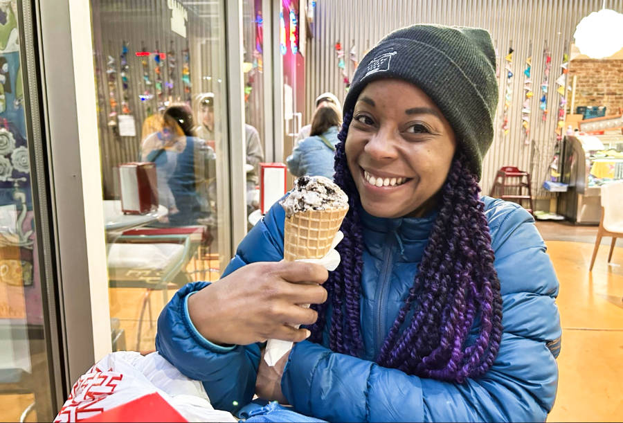 The author, Chelsea, holding a cone of ice cream at Mallard Ice Cream