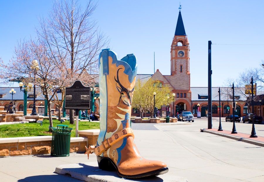 View of a big boots in the historic downtown of Cheyenne Wyoming