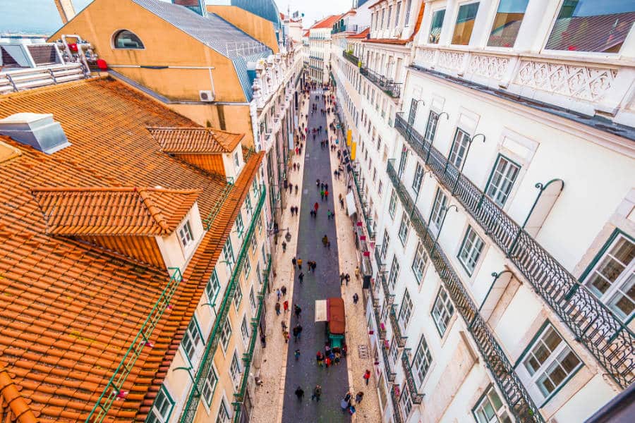 Aerial view of Pedonal street from the roofs of Chiado district of Lisbon