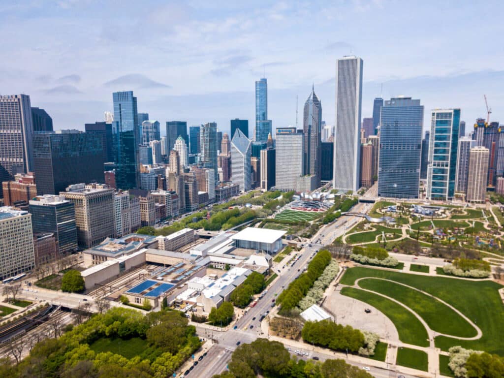 Aerial view of the cityscape around the parks in Chicago