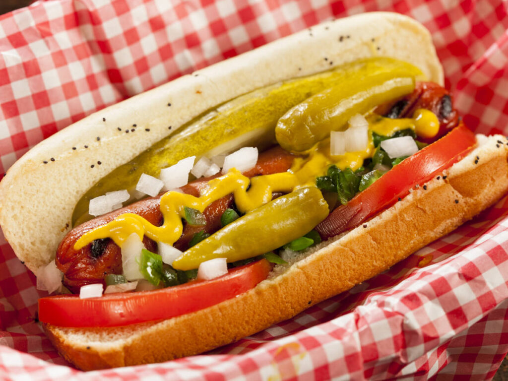 A loaded Chicago-style hot dog with pickles and mustard