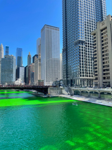 View of the green colored Chicago river during St. Patrick’s Day