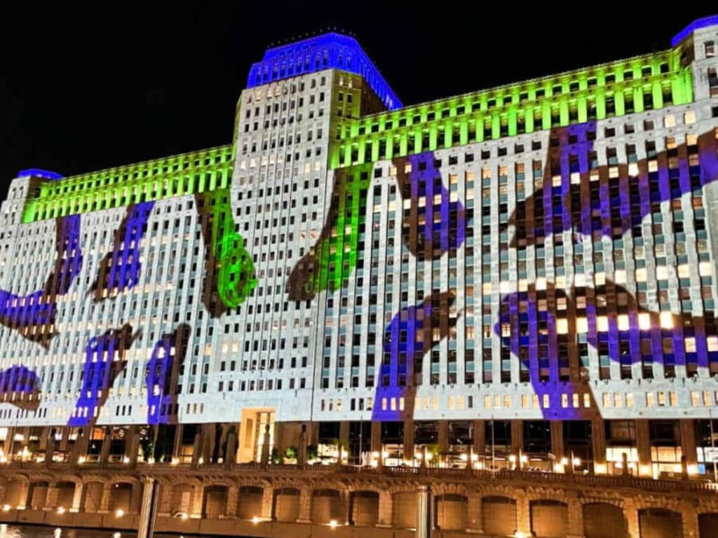 Colorful light show at the ART on THE MART at night