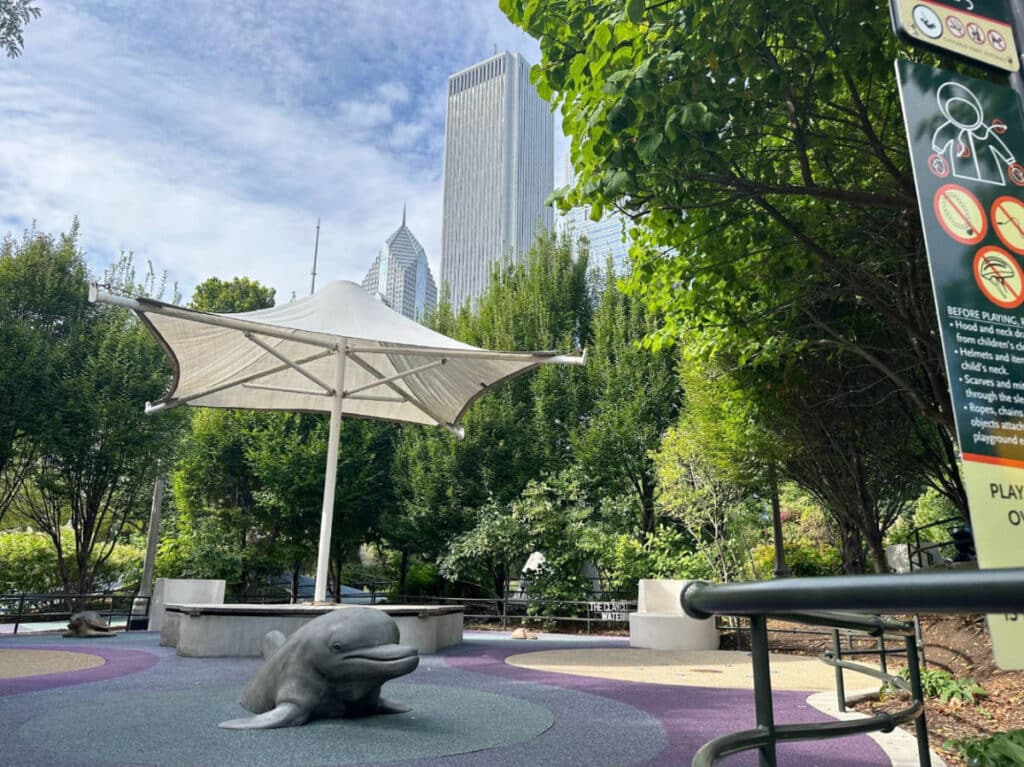 A dolphin statue at the Maggie Daley Park