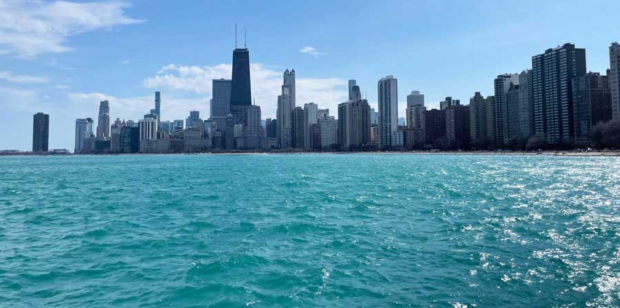 View of Chicago's skyscrapers under the clear blue sky