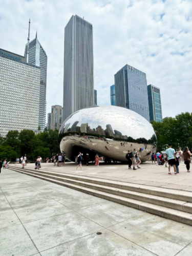 View of the crowd at The Bean with Chicago skyline in the background