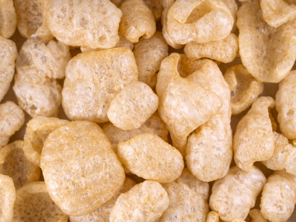 Close up view of the crispy fried pork skin