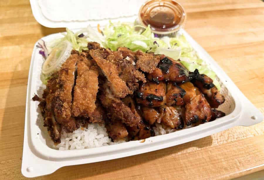 The chicken katsu and teriyaki combo with rice, vegetable and sauce from Nikko Teriyaki