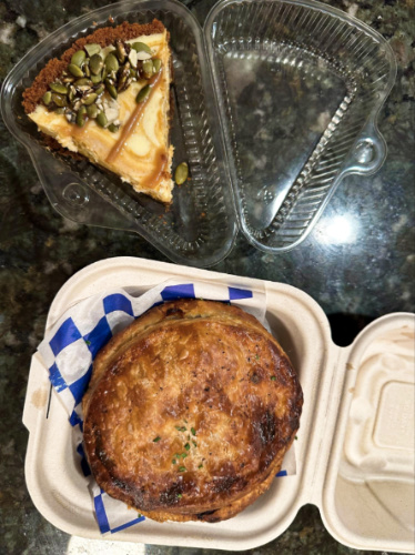 Closeup look of the chicken pot pie and pumpkin cheesecake from Bang Bang Pie & Biscuits
