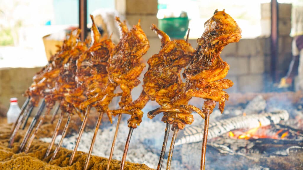 View of freshly cooked Chicken Suya