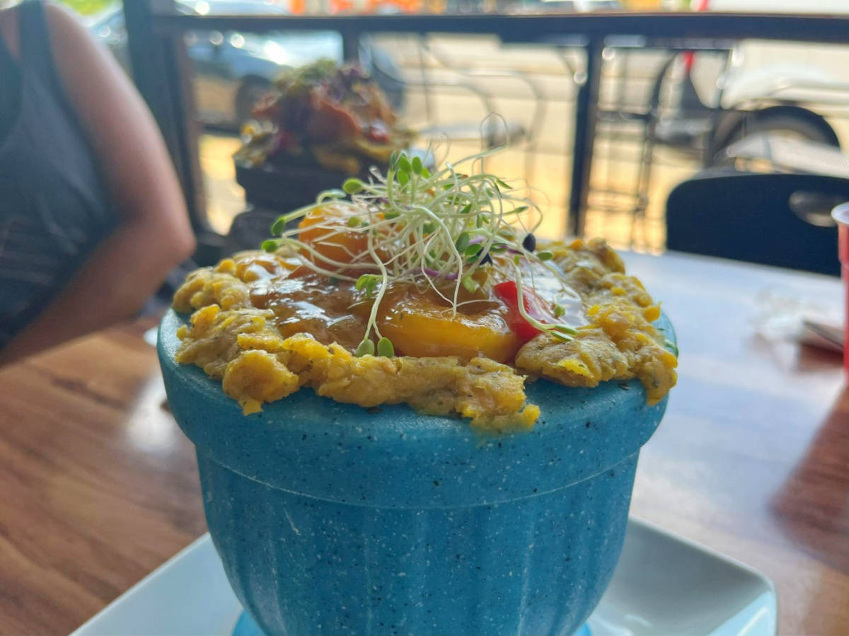 Chicken-stuffed mofongo on a small bowl