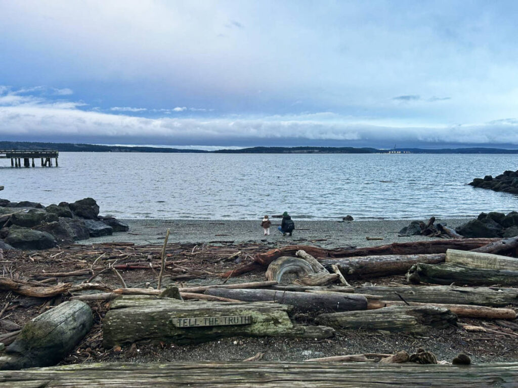 A child and parent at the beach on a gloomy day