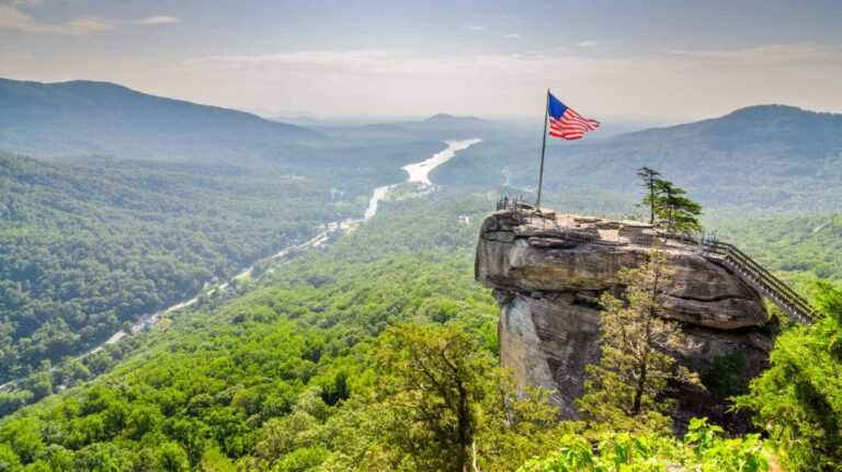 USA flag at Chimney Rock at Lake Lure