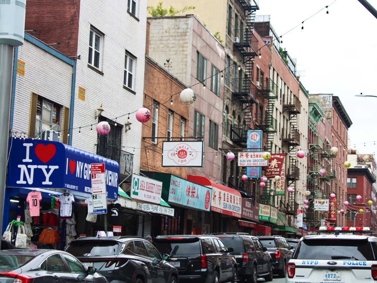 View of the lanterns over the busy Chinatown in Manhattan