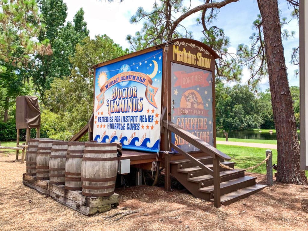 A colorful small stage at the Chip & Dale’s Campfire Sing-A-Long