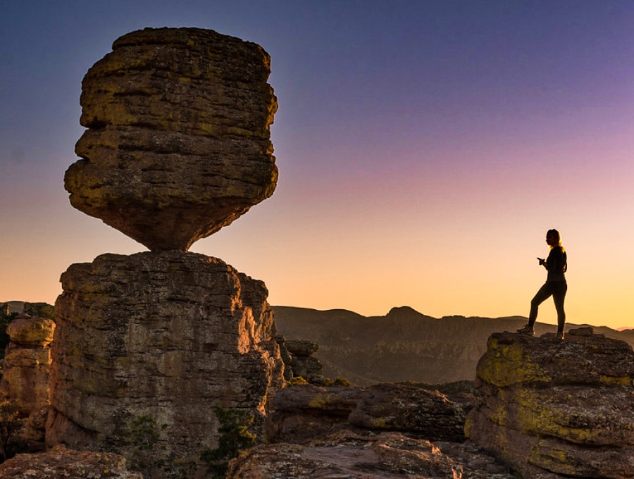 Sunset view of the big balanced rocks in Chiricahua National Monument
