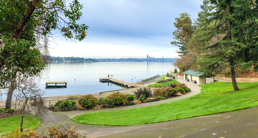 View of the large picnic area in Chism Beach Park