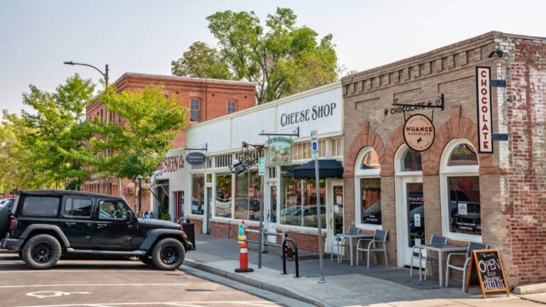 View of the chocolate and cheese shops from the street in Fort Collins