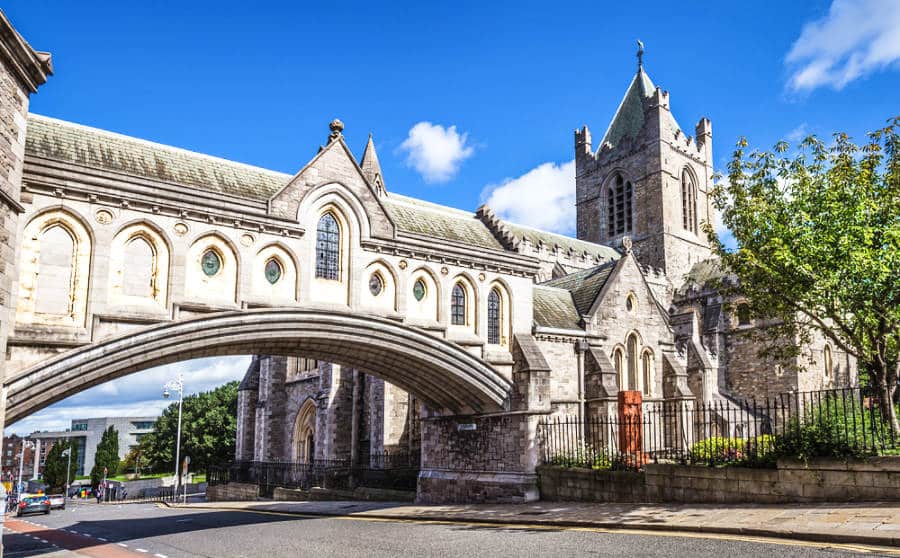 Exterior view of the Christ Church Cathedral with a clear blue sky in the background