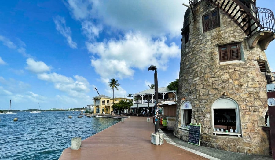 View of the restaurants along the Christiansted  boardwalk 