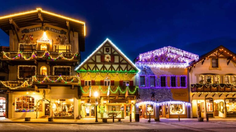 View of the buildings decorated with Christmas lights in downtown