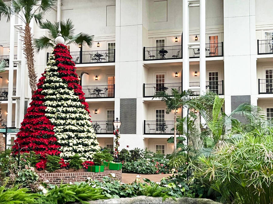 View of the huge Christmas tree and decorations in the middle of Gaylord Opryland Resort & Convention Center