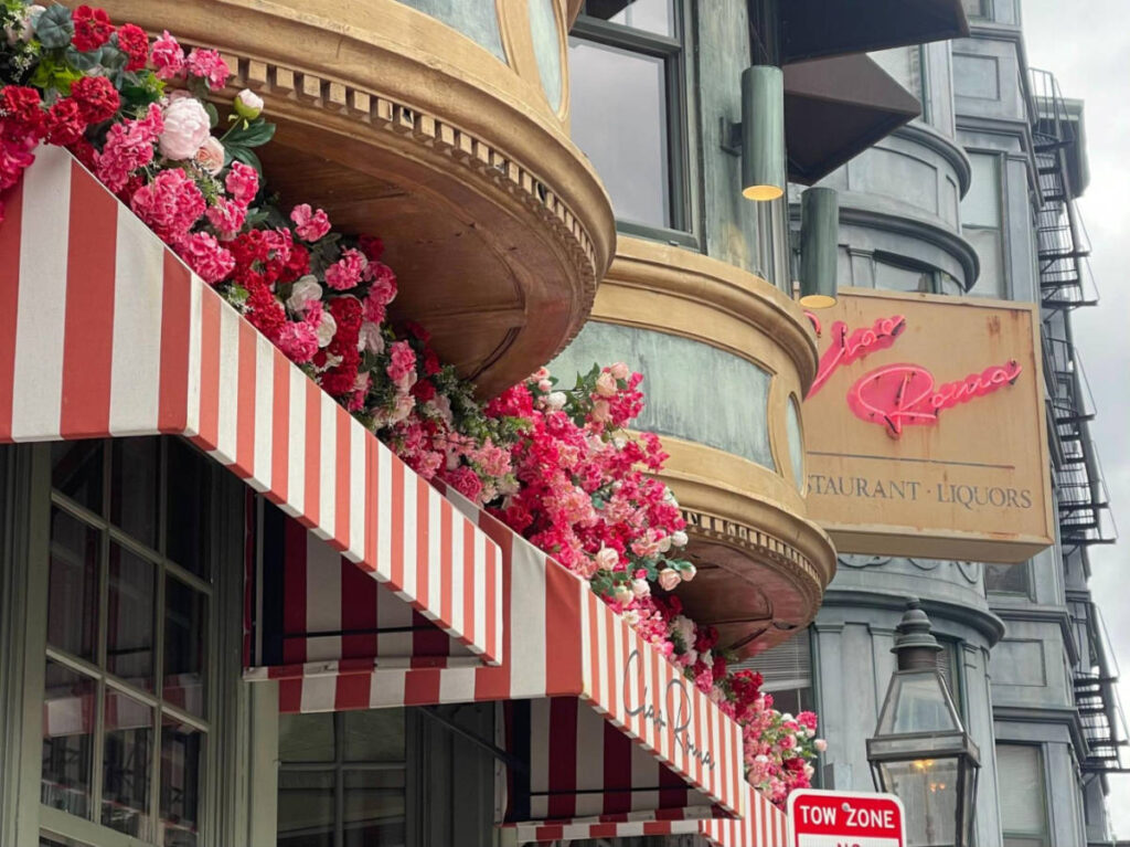 Closeup look of the signage and the roses above the awning outside the Ciao Rossa Restaurant