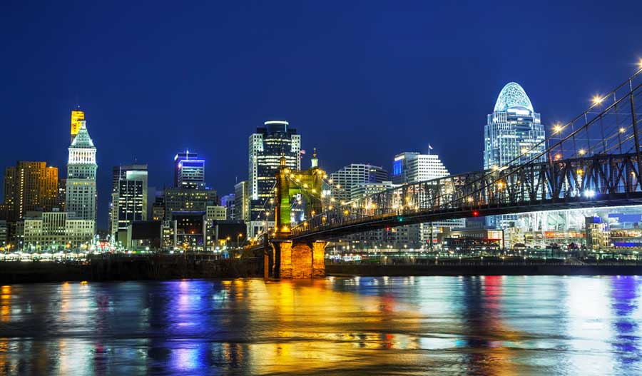 View of Cincinnati Downtown illuminated with lights at night