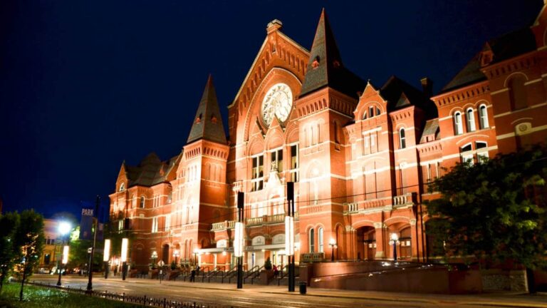 Exterior view of the Cincinnati Music Hall spot lighted at night