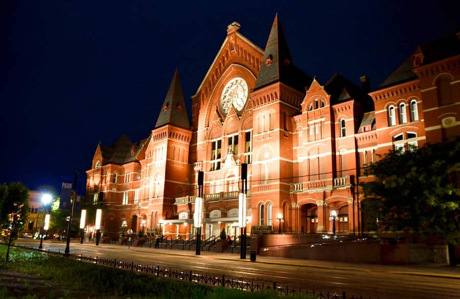 Exterior view of the Cincinnati Music Hall spot lighted during the opening night of spring season