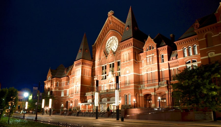 Exterior view of the Cincinnati Music Hall spot lighted during the opening night of spring season