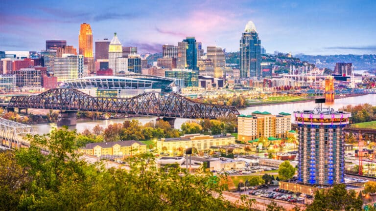 Aerial view of the skyline and bridge of Cincinnati at dusk