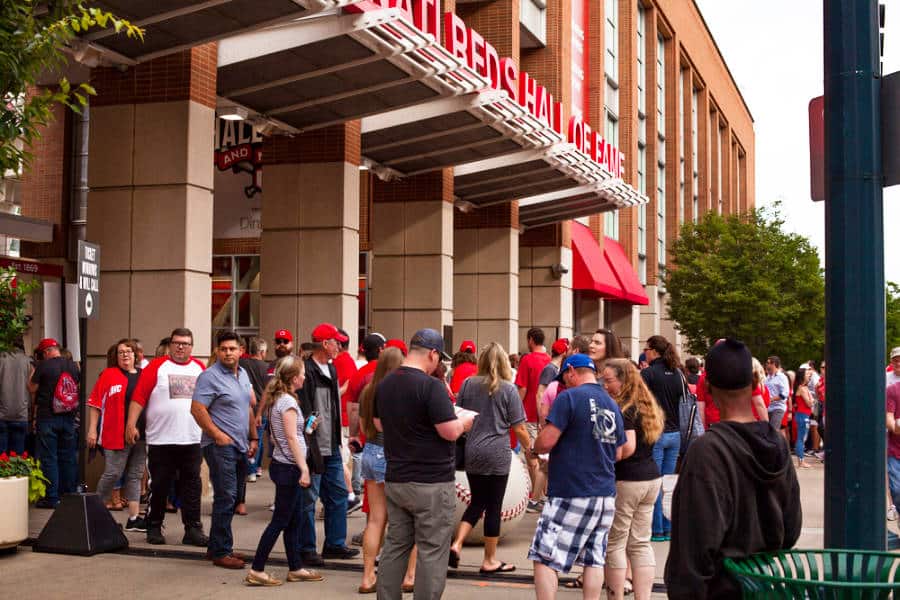 View of the crowd outside the entrance of Cincinnati Reds Hall of Fame & Museum